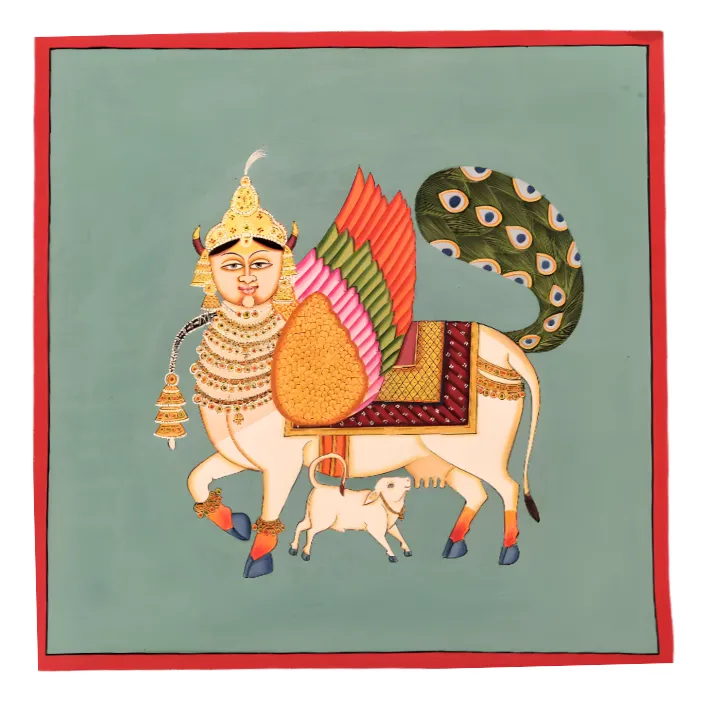 Kamadhenu, also known as Surabhi in Pichwai Painting by Diwakar Sharma - Avyaan